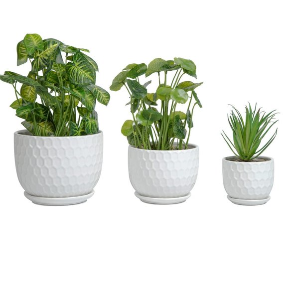 White 3pc Set Textured Ceramic Planters and Attached Saucers #POT0055 - Picture 7 of 7